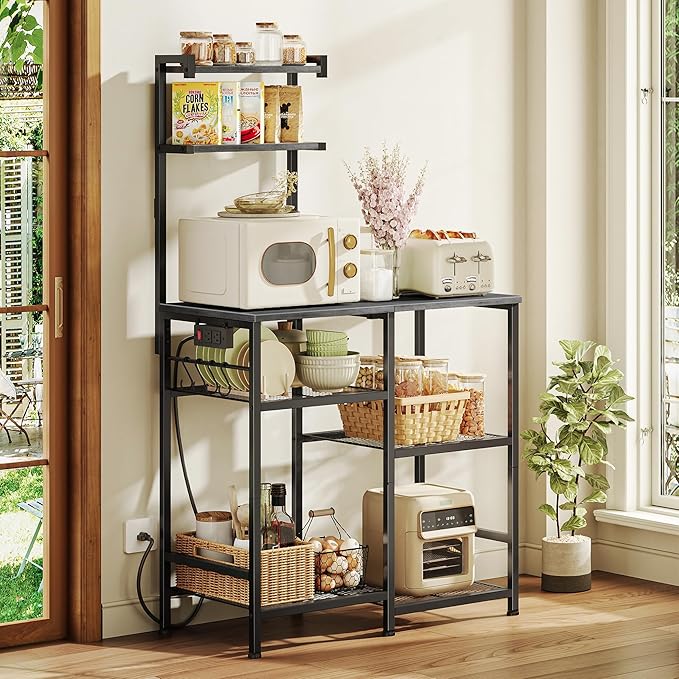 Huuger 31.5 Inch Bakers Rack with Power Outlets, Kitchen Microwave Stand with Storage, Coffee Bar with 4 Hooks, 3-Level Height Open Shelves, Grey