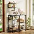 Huuger 31.5 Inch Bakers Rack with Power Outlets, Kitchen Microwave Stand with Storage, Coffee Bar with 4 Hooks, 3-Level Height Open Shelves, Grey