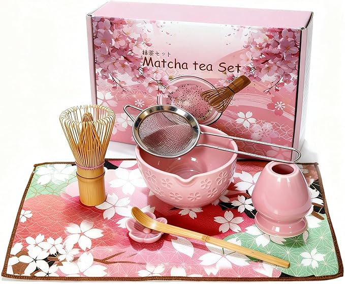 7 Pcs Matcha Kit for Matcha Lovers – Ceramic Matcha Bowl, Bamboo Whisk & Holder, Scoop, Scoop Rest, Metal Sifter and Tea Towel | Complete Matcha Tea Set for Home, Gift Set for Tea Lovers(Pink)