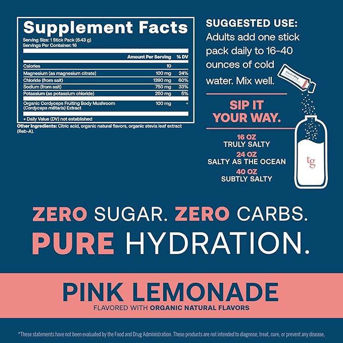 True Grace ElectroMag - 16 Stick Packs - Pink Lemonade - Electrolyte Powder for Rapid Hydration - Sodium, Potassium, Magnesium & Cordyceps - Zero Sugar & Carbs - Non-GMO - 16 Total Servings