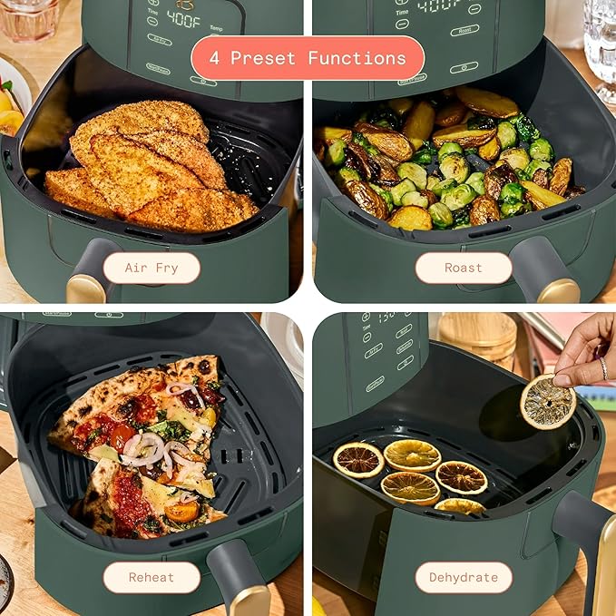 Beautiful 6 Qt Air Fryer with TurboCrisp Technology, EverGood Ceramic Nonstick Coating - Roast, Reheat and dehydrator, kitchen appliances by Drew Barrymore (Thyme Green)