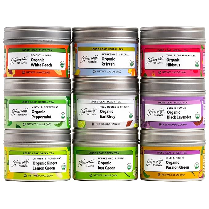 Heavenly Tea Leaves Organic Assorted 9 Loose Leaf Tea Gift Box (Approx. 90 Cups of Tea) - Sampler Set of 9 Teas & Herbal Tisanes, Great Hot or Iced, High to No Caffeine