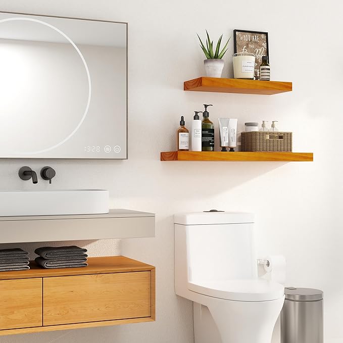 Fun Memories Floating Shelves, 9.3'' Deep Solid Pine Wood Wall Shelves for Storage, Wall Mounted Display Shelf with Invisible Heavy-Duty Metal Bracket, 36'' Width Set of 2, Honey Oak
