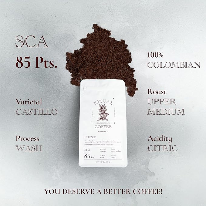 Ritual Specialty Coffee - Colombian Single Origin Ground Coffee Gourmet, Intense Body, Upper Medium Roast 85+ SCA Score (Dark Chocolate, Almond & Malt),12oz (340g) 100% Castillo Variety