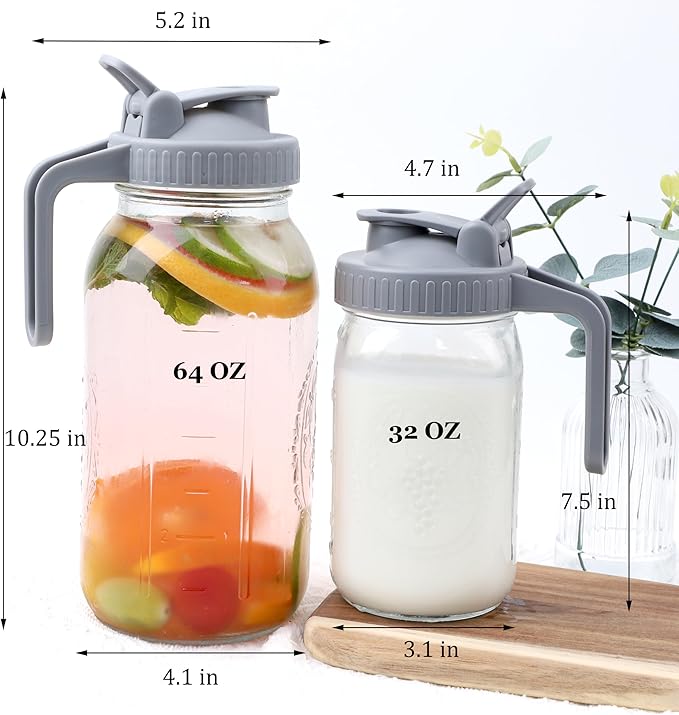 Mason Jar Pitcher Wide Mouth 2 Pack 64 OZ Glass Pitcher With Pour Spout Lids Airtight Leak-proof 2 Quart Water Carafe With Handle For Beverage, Iced Tea, Milk, Sun Tea, Lemonade, Iced Coffee