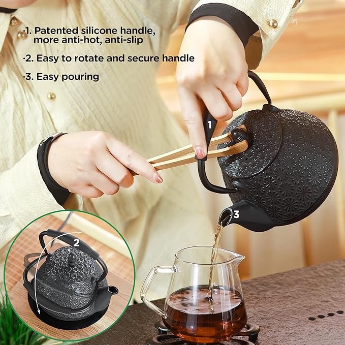 Cast Iron Teapot, 32oz Japanese Sakura Blossom Pattern Tea Kettle, Stovetop Safe, Infuser for Loose Leaf & Coffee, Silicone Handle, Enamel Interior, 950ml Blue