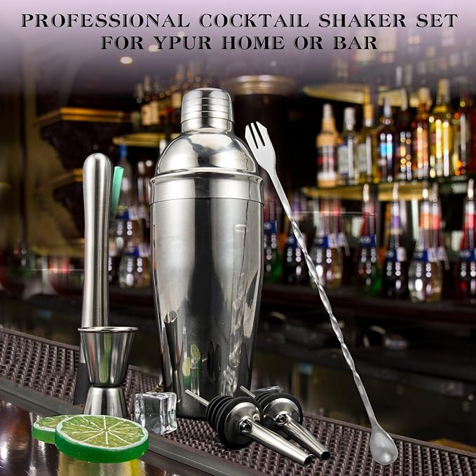 Cocktail Shaker Set, 6-Piece Mixology Bartender Kit Premium Shakers Bartending: Martini Shaker Jigger Mixing Spoon Muddler 2 Pourers Bar Tools Set with Built-in Bartender Strainer for Drink Shaker