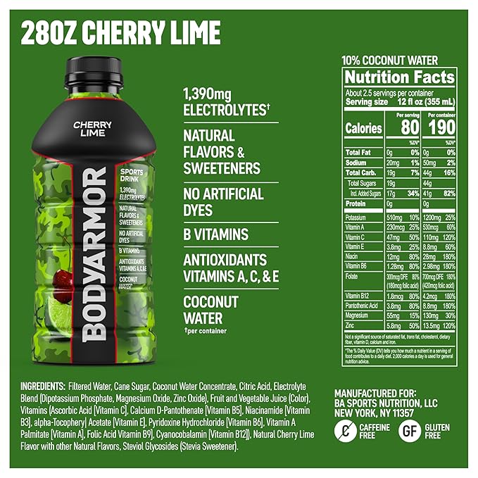 BODYARMOR Sports Drink, Cherry Lime, Electrolyte Drink Hydration, 28 Fl Oz Bottles (15 Pack), Flavored Coconut Water with B Vitamins & Antioxidants