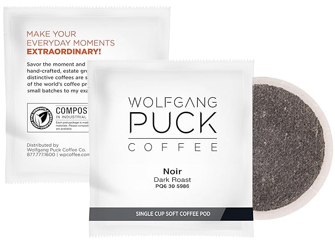 Wolfgang Puck Coffee, Noir, 12 Gram Soft Pods, 16 Count (Pack of 6)
