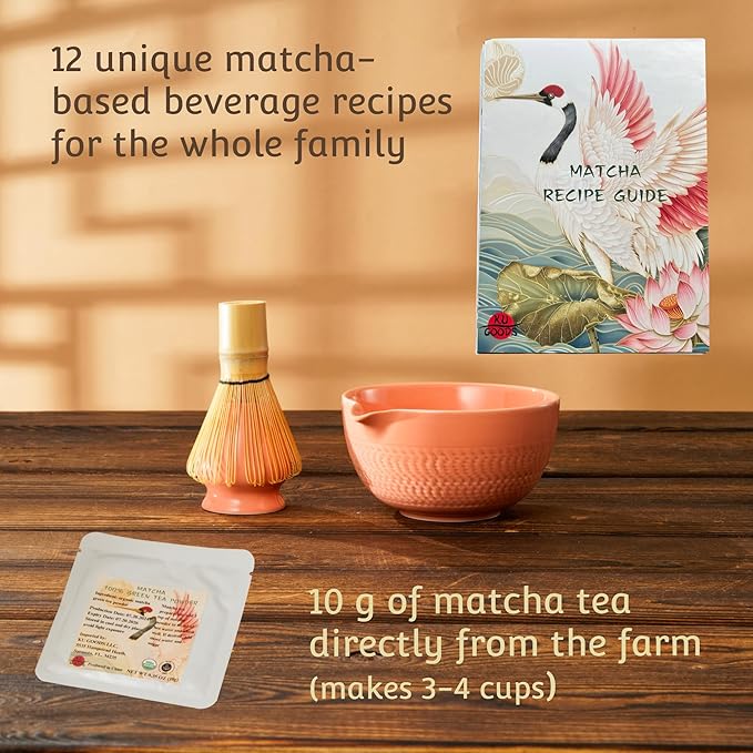 Matcha Whisk Set, Ceramic Bowl with Spout, Bamboo Whisk, Ceremonial Matcha Powder, Recipe Guide, Sifter, Holder, Scoop, Matcha Kit for Tea Lovers, Gift Box (Salmon Pink)