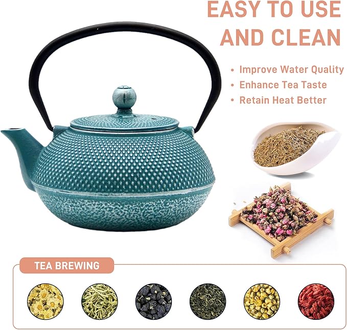 30.4oz Small Cast Iron Teapot, Tea Kettle with Stainless Steel Infuser for Loose Tea, Coated with Enameled Interior, Japanese Style Tetsubin for Stovetop Safe(900ml)