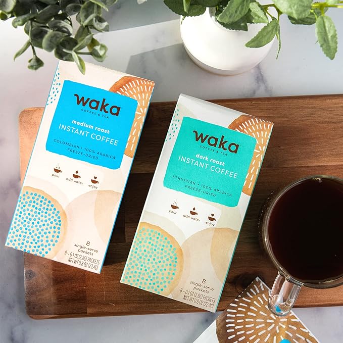 Waka Quality Instant Coffee — Origin Explorer 2 Box Combo — 100% Arabica Freeze Dried Beans — Ethiopia Dark Roast, Colombia Medium Roast, 8 packets per box