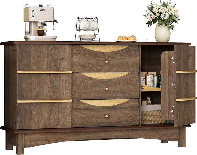 Buffet Cabinet, Large Sideboard Buffet Storage Cabinet with 3 Drawers, Coffee Bar Station with Solid Wood Handle and 2 Doors，Concealed Storage Shelves & Sliding Tray for Kitchen, Dining Room
