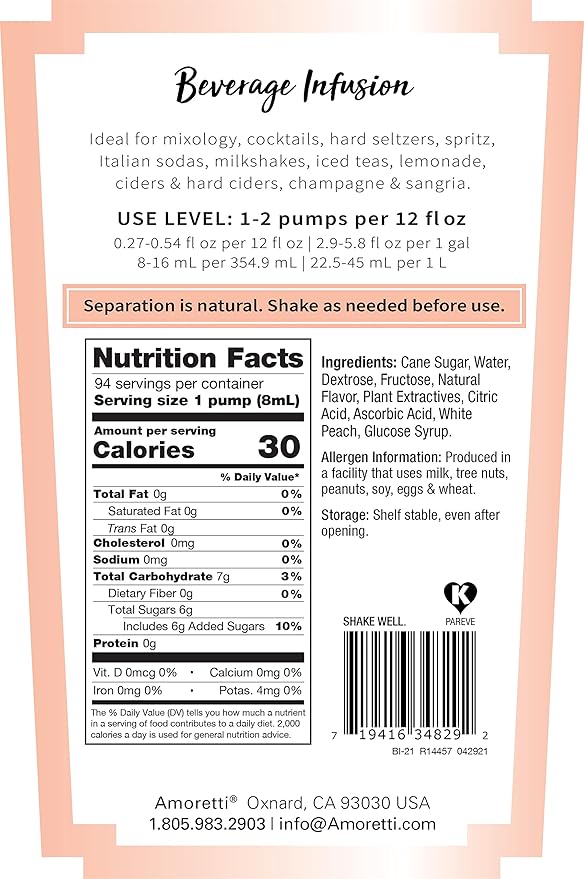 Amoretti - White Peach Beverage Infusion, 94 Servings Per Bottle (750 ml) - Drink Mix & Water Enhancer with Pump for Flavoring Cocktails, Waters, Teas, and other Beverages, Preservative Free