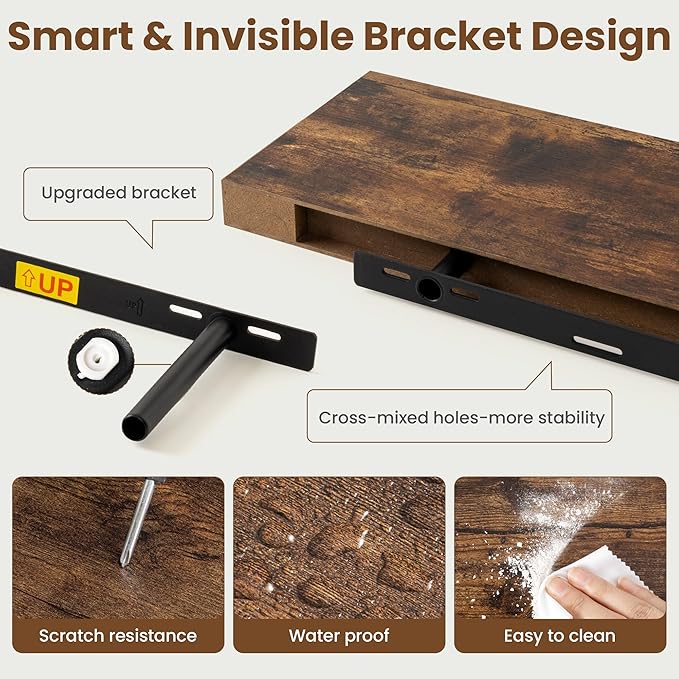 40 Inch Floating Shelves for Wall, 8 Inch Deep Floating Shelf for Storage & Display, Wall Mounted Shelf with Invisible Brackets for Living Room, Kitchen, Bathroom, Home Decor, Set of 2, Rustic Brown