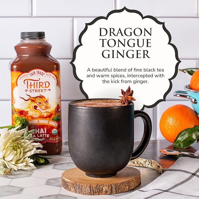 Third Street Inc. Organic Dragon Tongue Ginger Chai Concentrate 6-Pack, 32 Fl. Oz., Black Tea Latte Concentrate, Generously Spiced Tea Blend, Beverage Concentrate 1:1, Vegan, Gluten Free, Kosher, Non-GMO