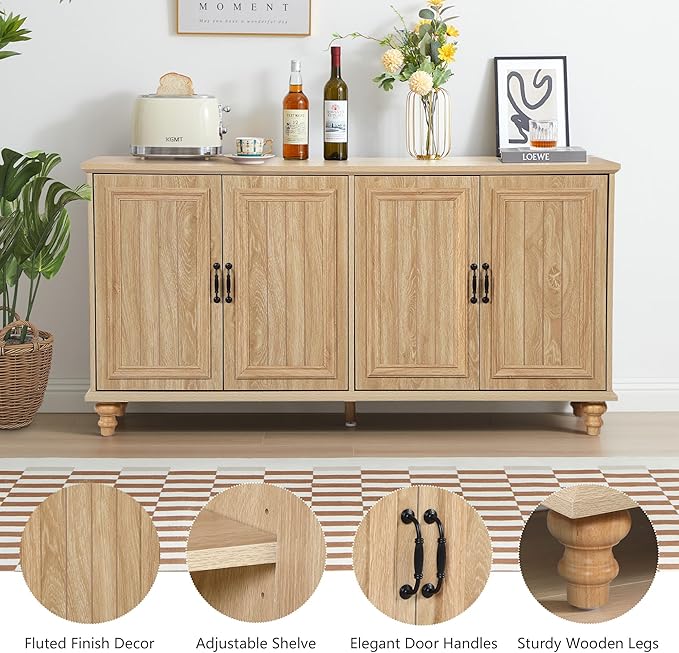 59" Sideboard Buffet Cabinet with Storage, Large Retro Credenza with 4 Doors & Adjustable Shelves Wood Rectangular Coffee Bar Table Console for Kitchen, Living Room, Hallway, Entry (Natural)