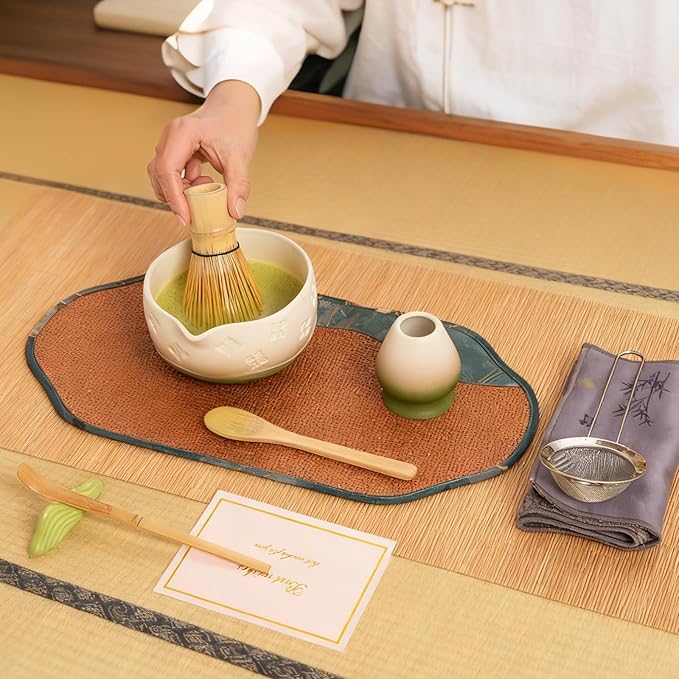 Matcha Whisk Set - Traditional Bamboo Chasen with Bowl, Complete Matcha Tea Making Kit & Starter Tools for Authentic Japanese Ceremony (Mottled Green02, 8pcs/set,Bowl entry-level Set)