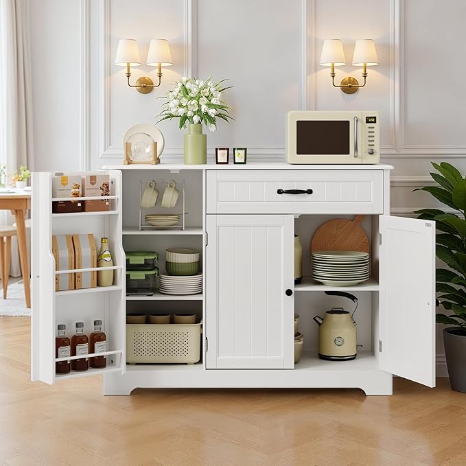Ahomly Buffet Cabinet with Storage - 42'' Large Kitchen Storage with Shelves and Doors, Modern Coffee Bar Cabinet for Kitchen, Dining Room, Living Room, White
