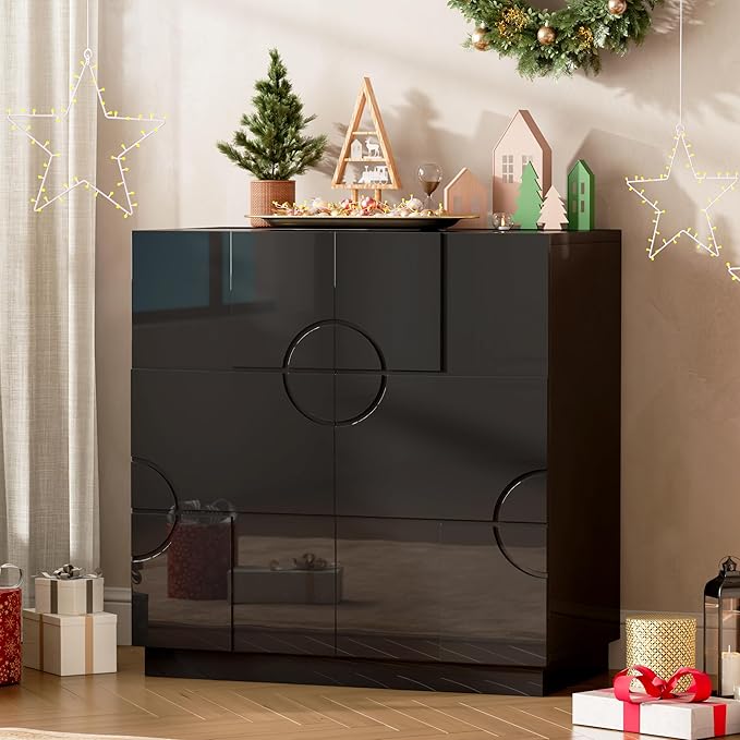 LVSOMT Sideboard Buffet Cabinet with Storage, Modern Accent Credenza with Doors and Adjustable Shelve, 33" Wood Coffee Bar Cabinet for Kitchen, Entryway, Dining Room, High Gloss Black