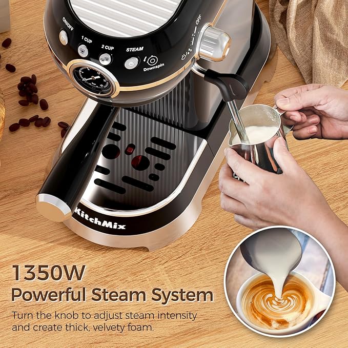 Espresso Machine with Milk Frother, 20 Bar Espresso Maker for Latte and Cappuccino, Expressions Coffee Machine with Removable Water Tank (Glossy dark)