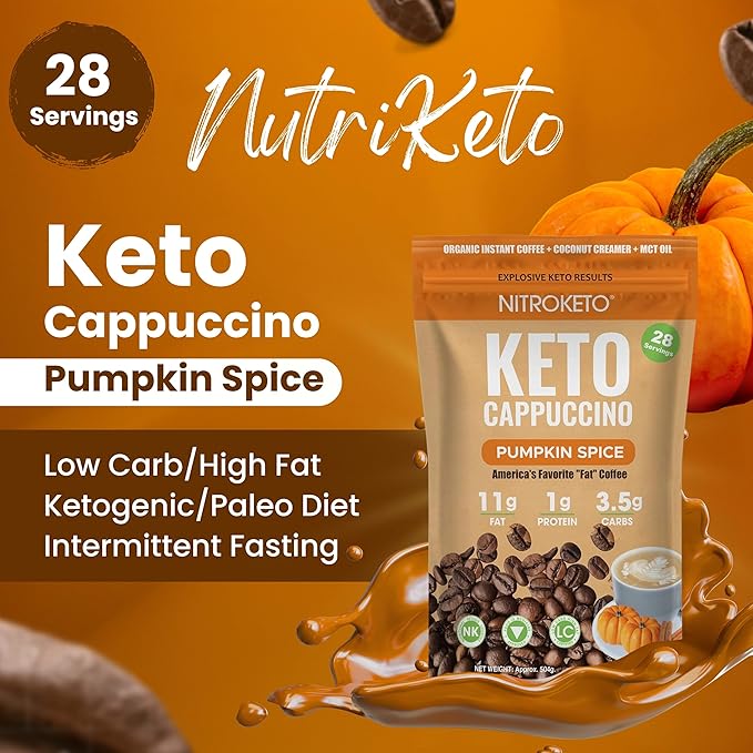 Keto Cappuccino - Pumpkin Spice - Keto Instant Coffee Mix with MCT Oil - Low Carb/High Fat, Organic Coffee Supports Ketosis - Energy Coffee - No Sugar - Made in USA – 28 Servings