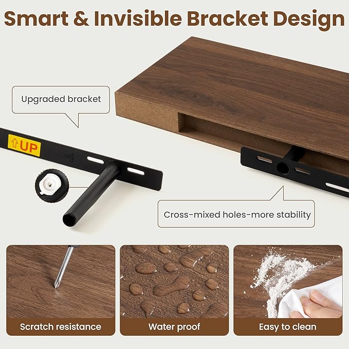 55 Inch Floating Shelves for Wall, 8 Inch Deep Floating Shelf for Storage & Display, Rustic Wall Mounted Shelf with Invisible Brackets for Living Room, Kitchen, Bathroom, Home Decor, Set of 2, Walnut