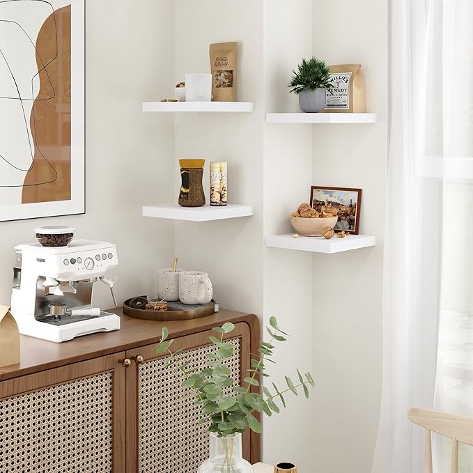 Fun Memories Floating Shelves for Wall - 9.3 Inch Square Shelves with Invisible Brackets, White Small Wall Shelf for Living Room, Bathroom, Bedroom, and Kitchen Decor，Set of 4