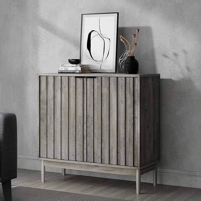 Fluted Cabinet with Storage, Buffet Cabinet Sideborad with 2 Doors, Grey Buffet Storage Accent Cabinets with Adjustable Shelves for Living Room, Entry, Hallway, Kitchen