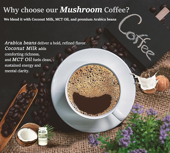DLNIA Instant Organic Mushroom Coffee with 12 Adaptogenic Mushrooms, Arabica Beans, Coconut Milk & MCT Oil | Cordyceps, Lion’s Mane & Turkey Tail Instant Coffee for Better Energy, Focus, Digestion, Immunity