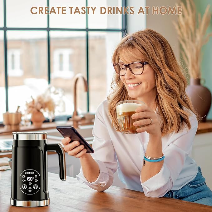 BioloMix Electric Milk Frother 4 in 1 Automatic Hot and Cold Milk Frother Warmer for Milk Latte Foam Maker Hot Chocolates Cappuccino (Black)