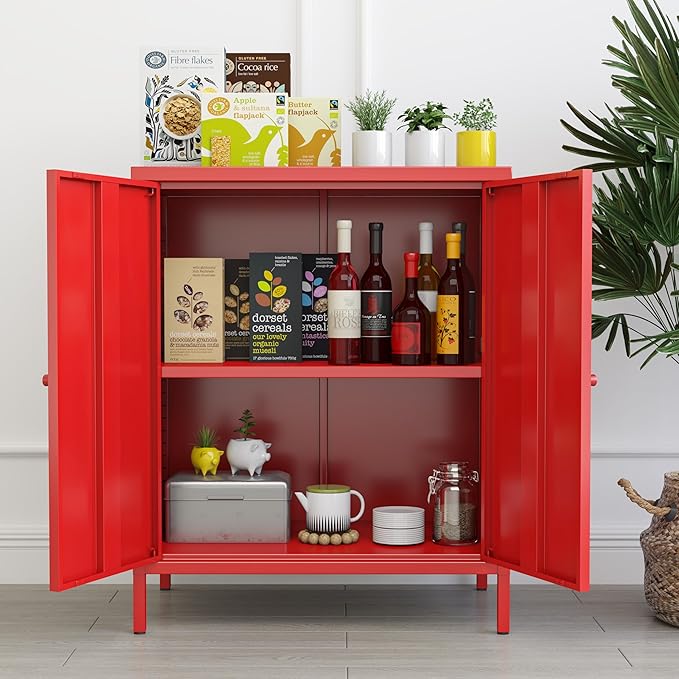 Small 2 Metal Storage Side Buffet Cabinet for Bed Room,Living Room,Entryway,Hallway,Home,Hotel,Office,Garage,Kitchen,1 Removable Shelf. (Metal Door, Red)