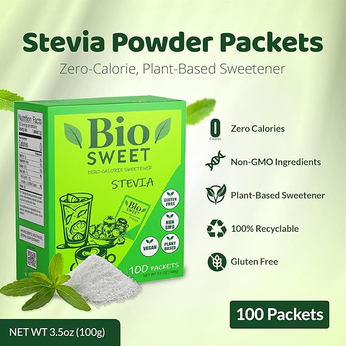 BioSweet Zero Bitterness Stevia Packets | Zero Calorie Sweetener | Non GMO, Natural, Gluten Free, Vegan | Nothing Artificial (100 Packets)