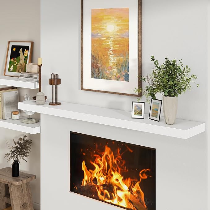 72 Inch White Floating Shelf | 12 Inch Deep Floating Shelves Set of 1 | 72" D x 12" D Rustic Wood Shelves for Wall | Deep White Shelves for Living Room Bathroom Laundry Room Kitchen