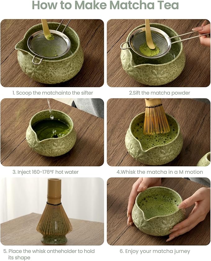 Matcha Whisk Set, Ceramic Matcha Kit Set Includes Matcha Bowl, Matcha Whisk and Holder, Bamboo Scoop, Scoop Rest, Sifter and Tea Towel - 7 Pcs Matcha Kit for Matcha Lovers(Green)