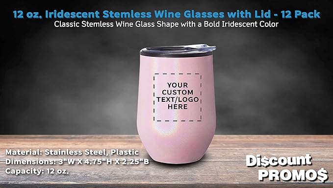 Custom Palmera Stemless Wine Tumblers with Lids 12 oz. Set of 12, Personalized Bulk Pack - Perfect for Wine, Cocktails, Other Hot & Cold Beverages - Iridescent Pink