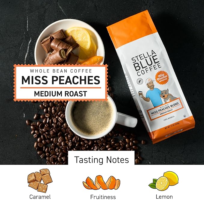 Stella Blue Whole Bean Coffee, Miss Peaches Blend, Medium Roast Citrus Caramel, Fruity Notes 100% Arabica Beans, Ethically Sourced from Central and South America, Smooth Balanced, 12oz Bag