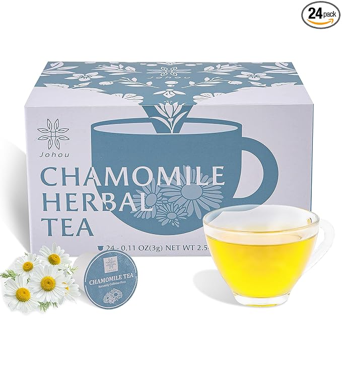 Johou Chamomile Herbal Tea Pods, Specially Ground Pure herb, Full-Flavor, Compatible with All K-Cup Brewers & Keurig 2.0, 24 pods, Caffeine Free Sleep time Tea, Made in Taiwan