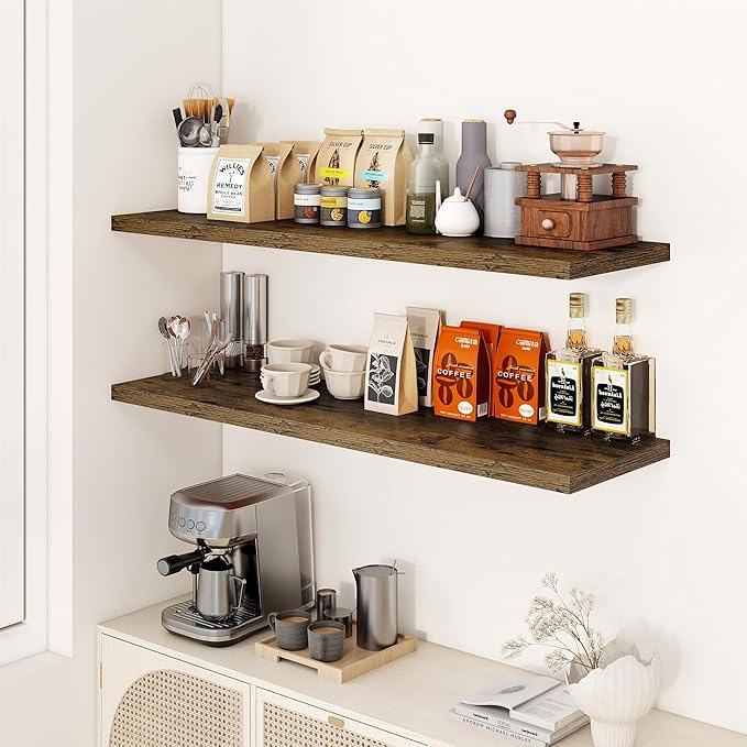 Dreamland 48" Floating Shelves for Wall, 12" Deep Slim Rustic Brown Floating Shelves, Wall-Mounted Shelves for Bedroom, Living Room, Kitchen, Bathroom - Set of 2