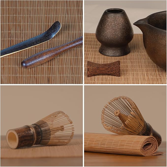 7-Piece Matcha Set with Ceramic Matcha Bowl, Bamboo Whisk (Chasen) & Holder, Sifter, Tea Scoop & Rest, Special Bamboo Tea Mat - Perfect Matcha Kit for Matcha Lovers & Gift Giving, Gilded