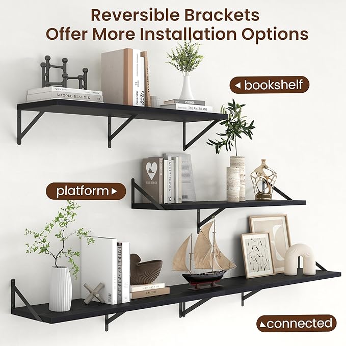 Axeman Deep Floating Shelves - 40 Inch Black Floating Shelves Set of 2-12 Inch Deep Wood Wall Shelves for Living Room Bathroom Kitchen