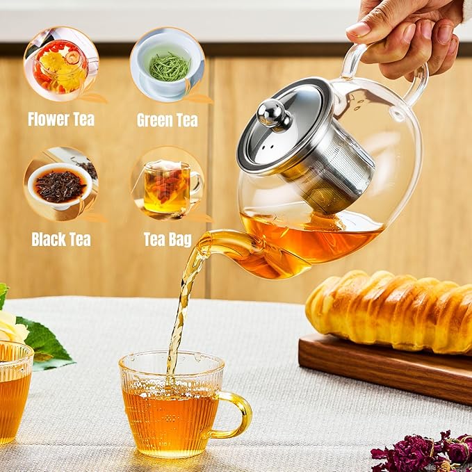 Glass Teapot Stovetop 20 OZ/600ml, Tea pot with Removable 18/8 Stainless Steel Infuser, Borosilicate Clear Tea Kettle, Teapot Blooming and Loose Leaf Tea Maker Tea Brewer for Camping, Travel