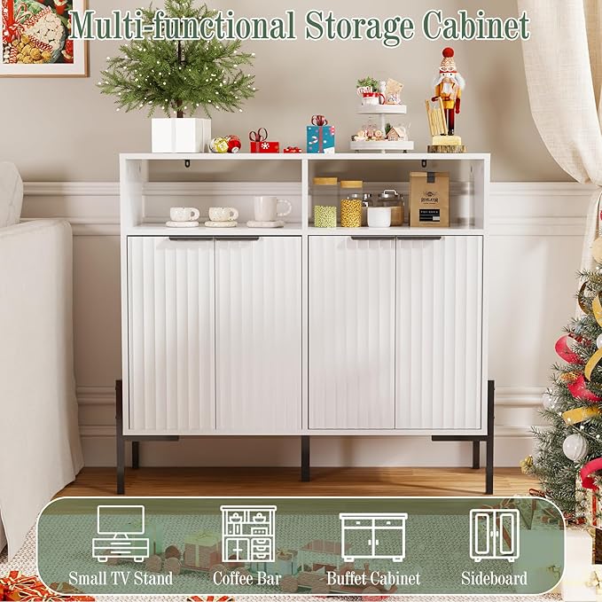 White Buffet Cabinet with Storage, Fluted Storage Cabinet with Doors & Adjustable Shelves, Solid Wood TV Stand Credenza for Kitchen Dining Room, 41"L x 14"D x 37"H Easy Assembly Kitchen Sideboard