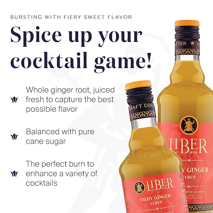 Liber & Co. Fiery Ginger Syrup - Made with 50% Organic Peruvian Ginger Juice - Perfect for Moscow Mules, Dark 'N Stormies, Sodas - Makes 50 Drinks (25.4 oz)