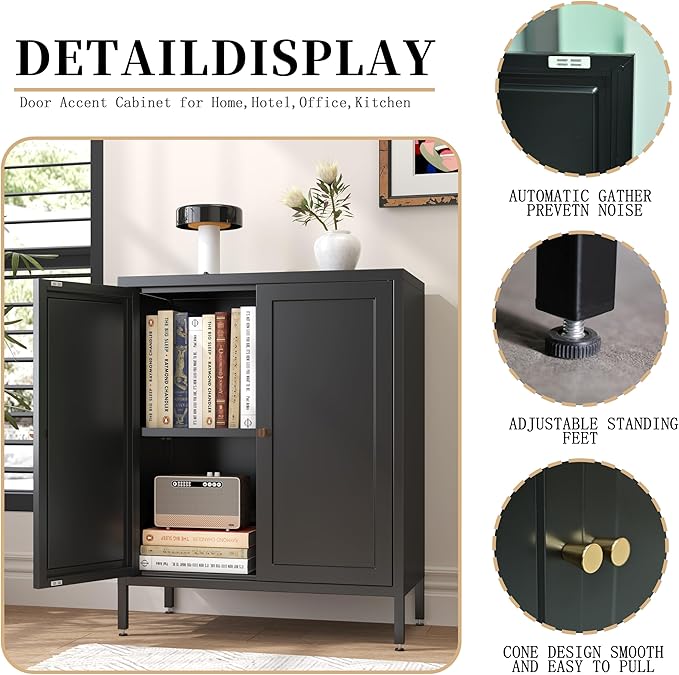 Small 2 Transparent Door Metal Storage Side Buffet Cabinet for Bed Room,Living Room,Entryway,Hallway,Home,Hotel,Office,Garage,Kitchen,1 Removable Shelf. (Square Door, Black)