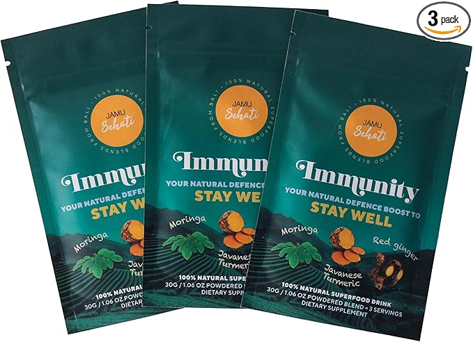 JAMUSEHATI Immunity, Natural Superfoods Blend from Bali, Containing Javanese Turmeric, Red Ginger, Moringa and Matcha, Pack of 3 Sachets