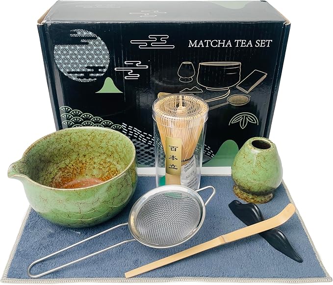 Matcha Whisk Set (7pcs) - Matcha Set with Whisk,Pouring Spout Bowl,Chasen Holder,Powder Sifter,Bamboo Scoop with Stand,Tea Cloth,Perfect Tools Kit for Tea Ceremony (Matcha Green)