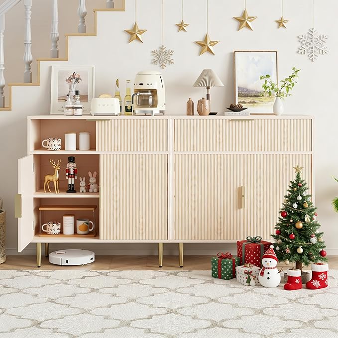 Coffee Bar Cabinet with 2 Doors & Drawer, Sideboard Buffet with Adjustable Shelves, Accent Liquor Storage Cabinet, Fluted Cabinet with Gold Hardware, Console Table for Living Dining Room, Oak