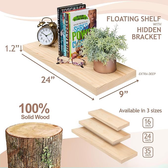Sorbus Wood Floating Shelves for Wall - 24” Solid Wood Shelves for Bathroom Decor, Books, Bedroom & Living Room - Set of 2 Natural Wall Mounted Kitchen Shelves - Durable Solid Pine