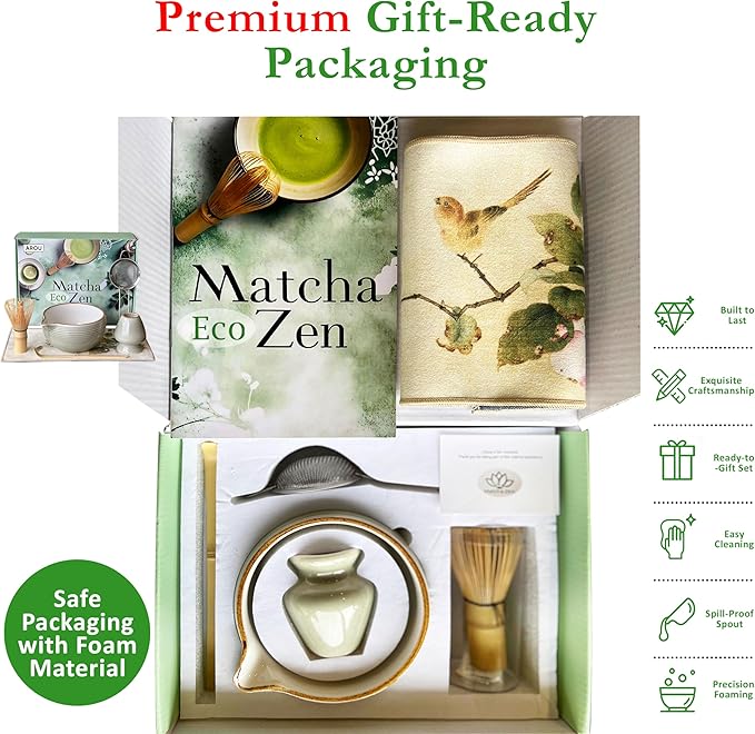 AROU - Matcha Eco Zen 7Pcs Matcha Set Whisk and Bowl, Small Whisk with Holder, Tea Cloth, Sifter, Bamboo Scoop – Spill Free Ceremonial Grade Japanese Tea Set with Handbook – Ideal for Beginners